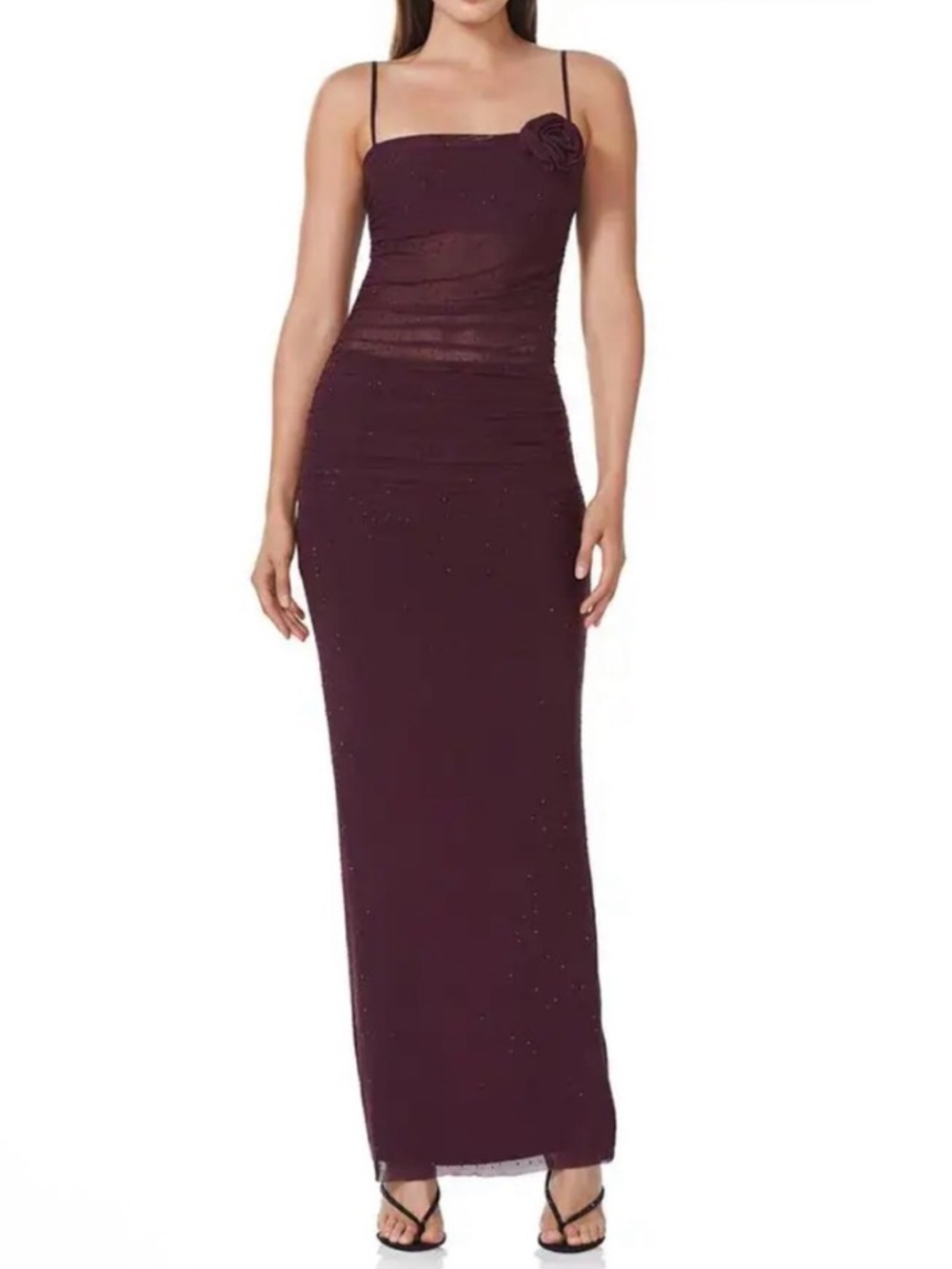 AFRM Jennan Rhinestone Rosette Maroon Ruched Mesh Maxi Dress Size XS